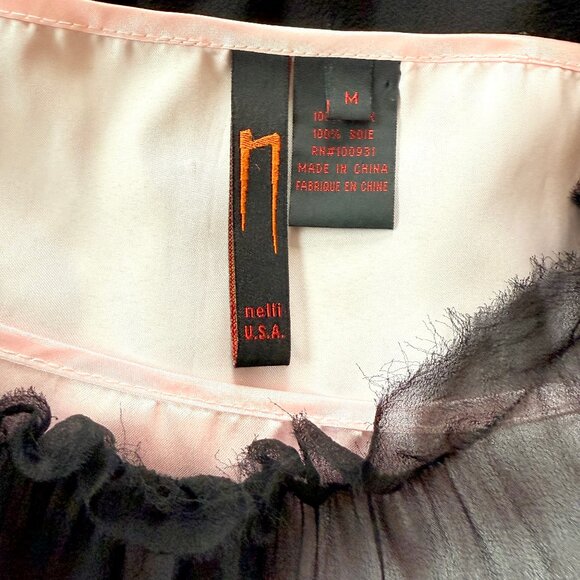 Vintage Y2K Dark Coquette 100% Silk Sheer Black & Pink Milkmaid Dress Size M - Picture 4 of 17